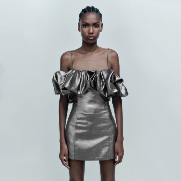 Zara Dresses & Skirts - NWT Zara metallic silver shine effect voluminous ruffle detail mini dress, M